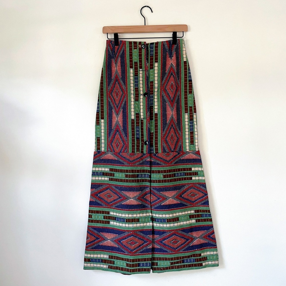 Vintage 70s Tapestry Maxi Skirt XS Geometric Southwestern Eclectic Button Front